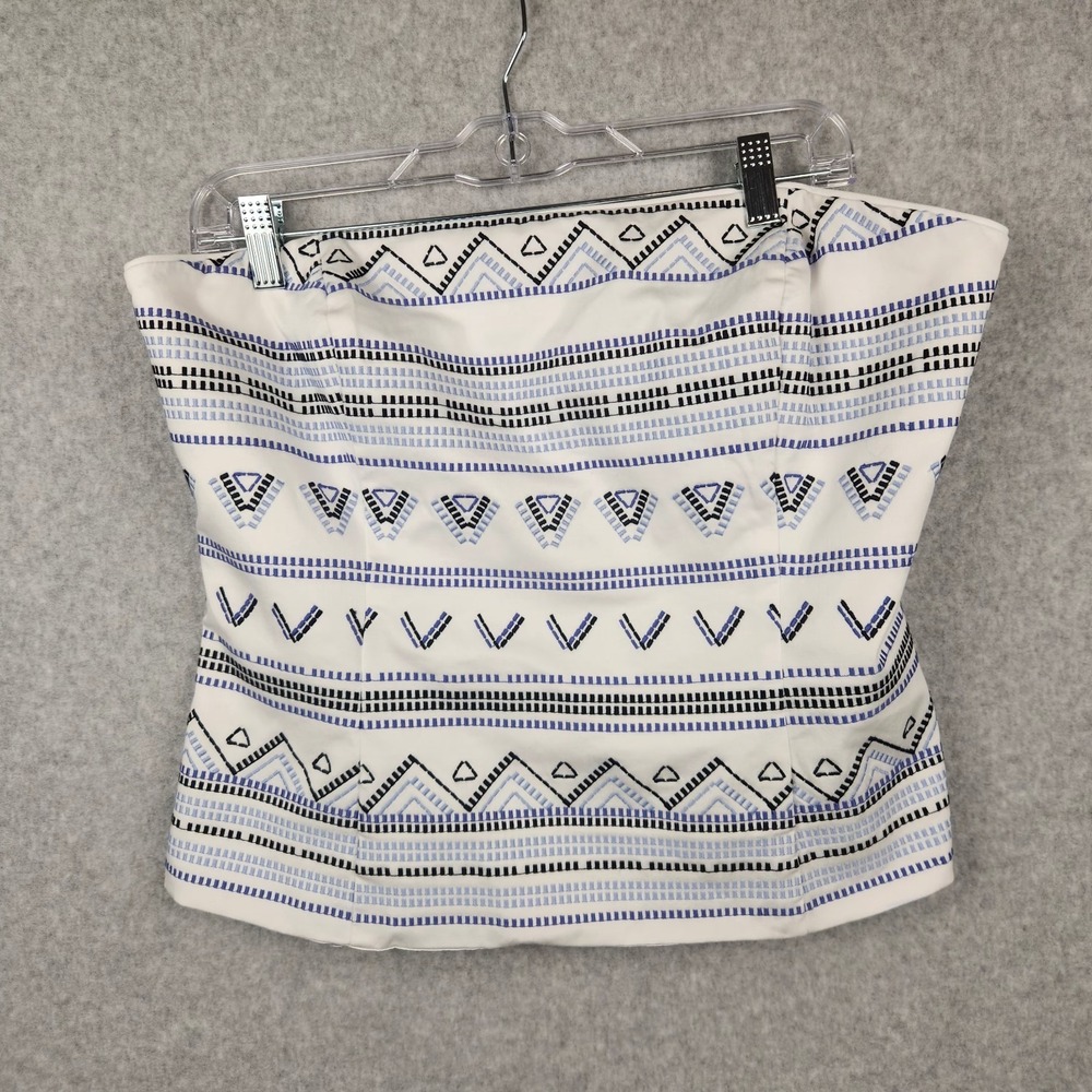 WHBM Strapless Tube Top Blue White Geometric Boho Festival Corset Style Sz S